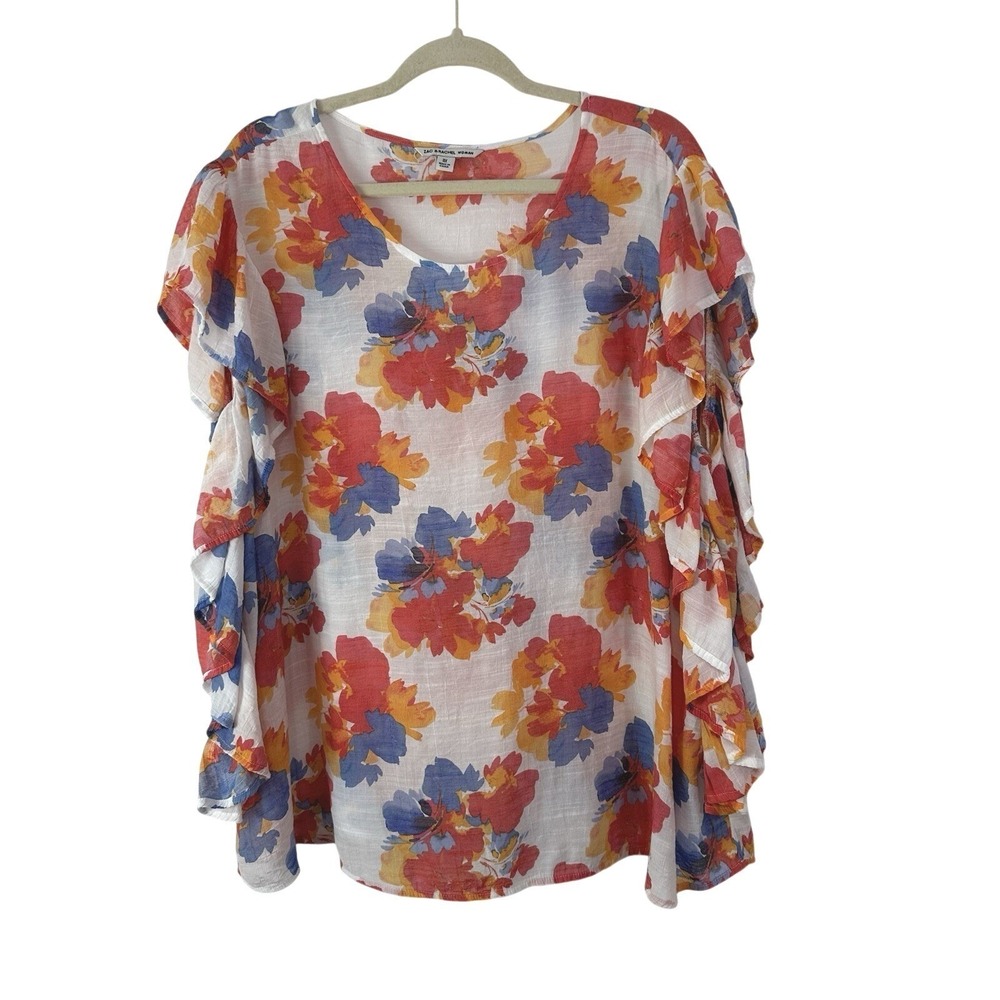 Zac & Rachel Floral Blouse Womens 3X Ruffled Sides Semi Sheer Colorful Boho Top